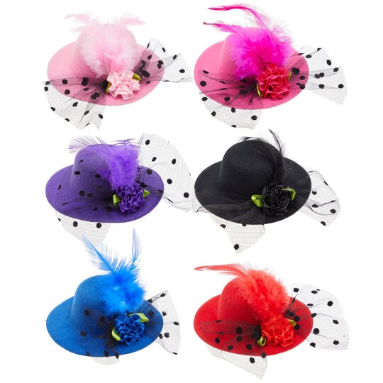 Juvale Mini Tea Party Hats - Clip-On Fascinator Hats for Women & Girls - Feather & Flower Accents for Tea Party Decorations - Pack of 6, 4 in, Multicolor